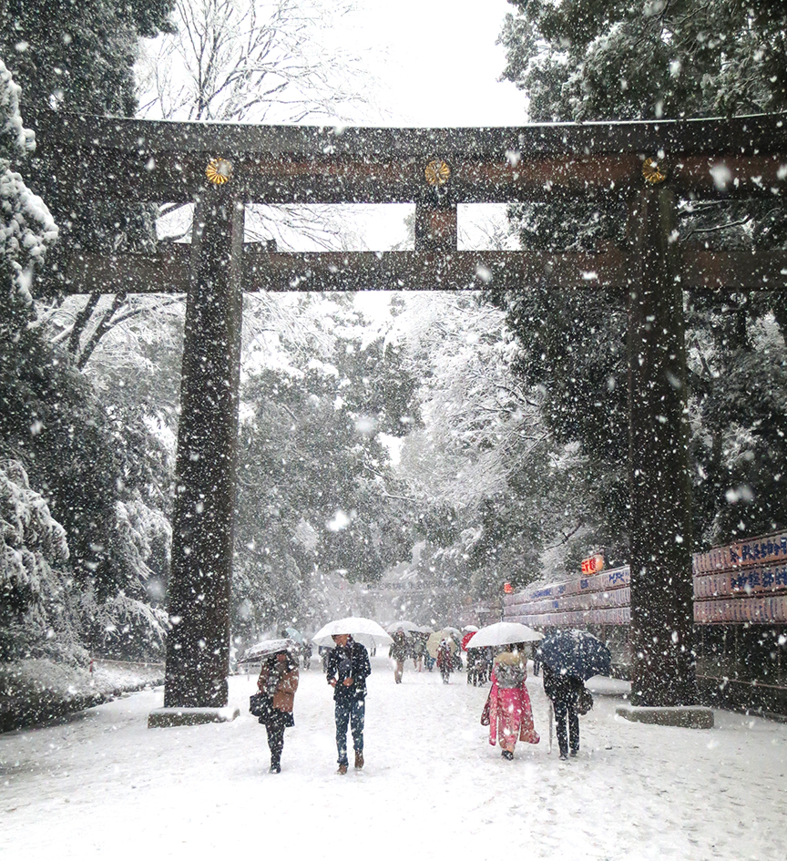 The shrine is beautiful and serene in every season, but if you’re lucky enough to be in Tokyo when it snows, run as fast as you can to the Meiji Shrine to see how gorgeous the plain cedar and gold architecture is, all shrouded in white.