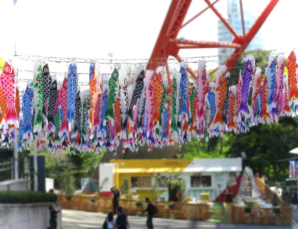 Big display of koi nobori fish flags flying at Tokyo Tower